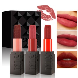 KARLOR Lipstick Set Matt, 3-Piece Lip Stick Set Red Rose Nude Cherry Red Brown Red, Moisturising Long-Lasting Lipsticks Set Rich Colours Embossed Lipstick Gift