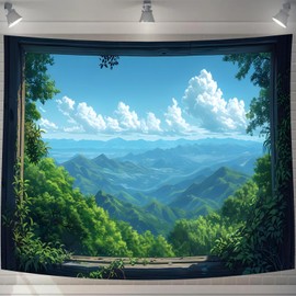 U-SITU GTWH1413D Tapestry Wall Hanging Wall Decor Veranda Blue Sea Landscape Stylish Background Multifunctional Cloth Poster Interior Atmosphere Change (Size: Length 70.9 x Width 90.5 inches (230 cm)