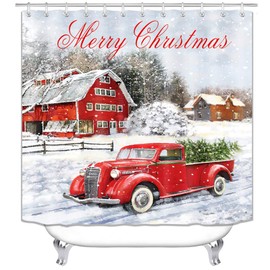 DOLASEV Christmas Shower Curtain, Red Truck Christmas Shower Curtains for Bathroom, Farmhouse Christmas Shower Curtain (Red Truck)