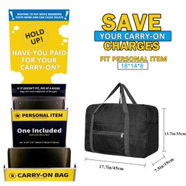 For Spirit Airlines Personal Item Bag 18x14x8 Foldable Carry on Bags for Airplanes Travel Duffel Bags for Women and Men(Black)