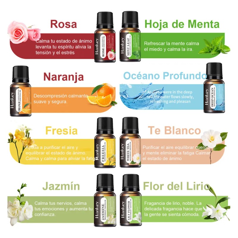iHOGCO Kit De 8 Aceites Esenciales Aromaterapia 100% Puro 10ml
