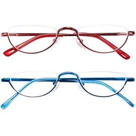 REAVEE 2 Pack Retro Designer Half Frame Reading Glasses Women Men Spring Hinge Half Moon Readers Stylish Slim Eyeglasses with Pouch,Red and Blue 1.25