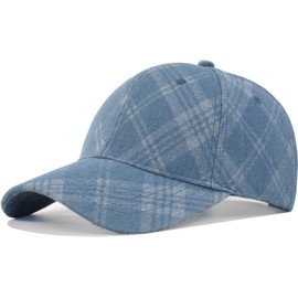 TSSGBL Fashion Cute Washed Denim Cotton Soft Structured Crown Baseball Cap Trendy Jean Ball Cap for Men Women Plaid Blue