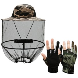 1 x Mosquito Net Hat, 1 Pair of Gloves, Anti-Mosquito Bucket Hat, Foldable Hat, Portable Anti-Bee Hat, Outdoor Fishing Hat, Sun Protection Sun Hat, Camouflage