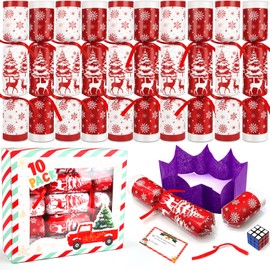 10 Pack Christmas No Snap Party Favor with Red & White Snowflake Design with Party Hat, Joke & Little Gift Inside for Kids, Xmas Gift, Christmas Seasonal Holiday Party Dinner Traditions