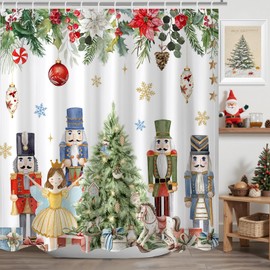Mocsicka Christmas Shower Curtain Cute Nutcrackers Xmas Balls Snowflake Shower Curtain for Christmas Bathroom Decor Winter Pine Tree Xmas Floral Holiday Home Decor Bath Curtain, 72 X 72 Inch