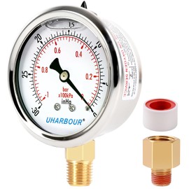 UHARBOUR Glycerin Filled Vacuum Pressure Gauge, 2-1/2" Clear dial,1/4" NPT Bottom Connection, Stainless Steel Case, Brass Movement, Dual Scales -30inHg/-1BAR-0