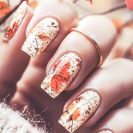 24pcs Fall Press on Nails Medium Square Fiery Red Maple Leaf Fake Nails with Designs Autumn Leaves False Nails Kit Thanksgiving Stick on Nail Full Cover Acrylic Nails for Women Manicure