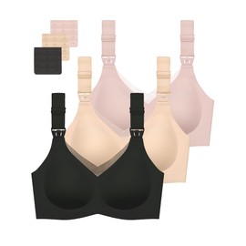 Gailife 3 Pack Nursing Bras for Breastfeeding Seamless V Neck Mesh Maternity Bra Comfort Pregnancy Sleep Bralette - XL, Black/Beige/Pink