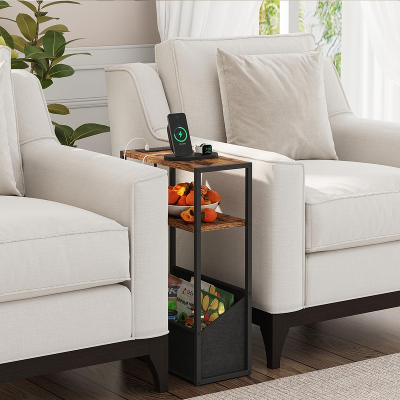 TUTOTAK Narrow Side Table with Charging Station, Slim End Table