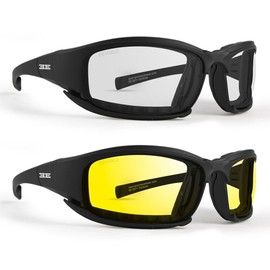 Epoch Eyewear Hybrid Motorcycle Sunglasses Convertible to Goggles 2 Pair Black Frame w/Clear & Yellow Lens