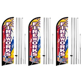 4LessCo 3 Pack FIREWORKS Windless Swooper Flag Kits 15 Feet Tall Large Pole Spike Kits Feather Banner Signs wf3-h