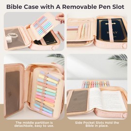 Bible Cover Case for Women Bible Study Kit with Highlighters Tabs, Large Bible Bag with Annotation Kit, Bible Carrying Case for Women with Shoulder Strap Church Bags with Journaling Kit (Pink, Large)