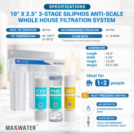 Max Water 3 Stage (Good to Protect Home from Scale & Corrosion) 10 inch Standard Water Filtration System for Whole House - Sediment + Anti Scale + CTO Post Carbon - 3/4" Inlet/Outlet - Model : WH-SW4