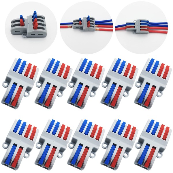 Compact Wire Connectors, CESFONJER SPL-42 Lever Nut Connector, Quick Wiring Connector Push-in Conductor Terminal Block, With Screws (2 in 4 Out,10 pcs)