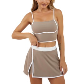 ABOCIW Athletic Dress for Women High Waist Side Slit Tennis Skirt Sets 2 Piece Golf Outfits Spaghetti Strap Workout Crop Tank Top with Bra Khaki Small