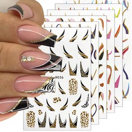 6 Sheets French Tip Nail Art Stickers 3D Self-Adhesive Gold Glitter Nail Decals Stripes Waves Lines Nail Design Stickers Acrylic Nail Art Supplies DIY for Women and Girls Manicure Tips