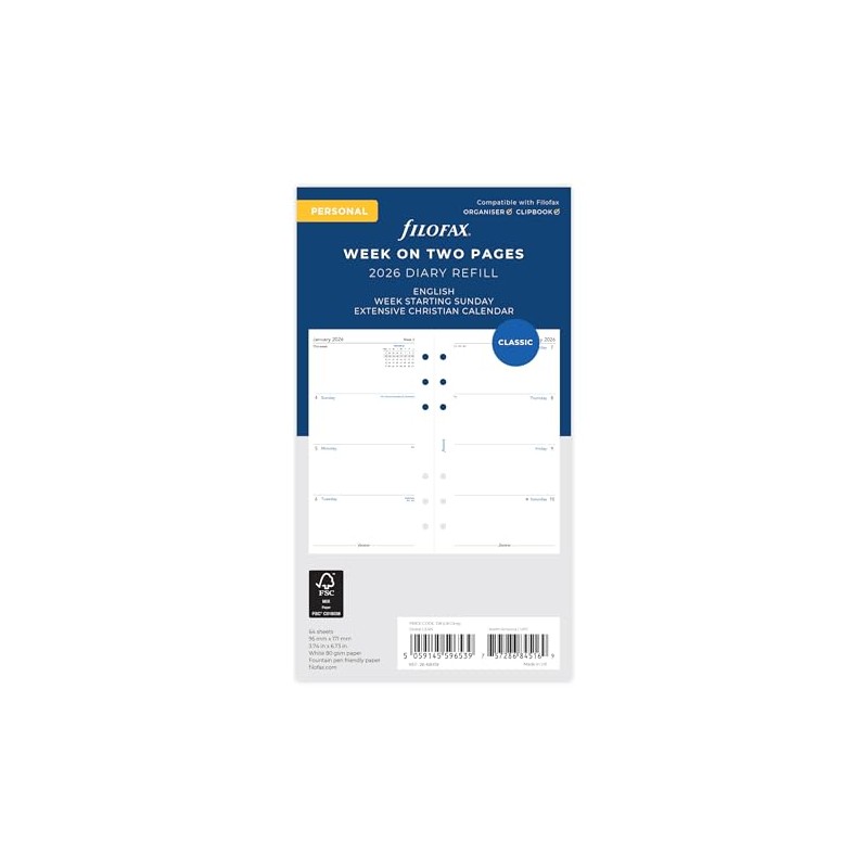 Filofax Personal week on two pages English Sunday start 2026