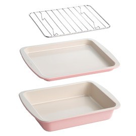 Tasty Nonstick Toaster Oven Baking Set Includes Cake Pan, Oven Tray, Rack, Carbon Steel Bakeware, 3-Piece Set, Pink