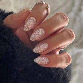 BABALAL Bling Press on Nails Medium Almond Fake Nails Sparkly Glitter Glue on Acrylic Nails Shiny 24Pcs Stiletto Manicure Christmas New Years Holiday False for Women and Girls