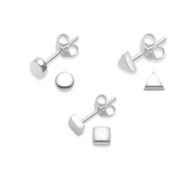 Heather Needham SET of 3 pairs Sterling Silver Earrings - Square, Triangle & Round stud earrings - Size: 4mm - Premium quality 2mm deep. Gift boxed 5337/3/5