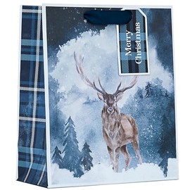 Design By Violet Merry Christmas Tartan Stag Gift Bag Eco Friendly Recyclable with Blue Handle and Merry Christmas Blue Gift Tag Xmas Gift Wrap Medium