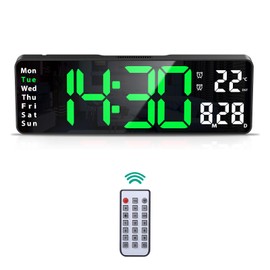ORIA Digital Alarm Clock, 13" Large Display Wall Clock with Remote Control, Temperature, Date Display, Adjustable Brightness, LED Big Wall Clock for Livingroom, Bedroom (Green)