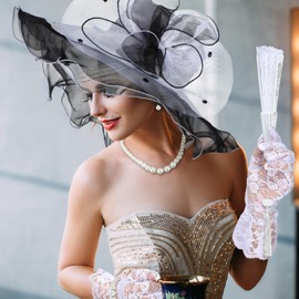 Croknit 6 Pcs Kentucky Organza Derby Hat Tea Party Hat Set for Women with Fascinators Hat Necklace Bracelet Earrings Fan(White)