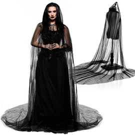 Hercicy Black Sheer Cap, Haunted Hooded Cape Witch Long Black Sheer Cape with Oversized Hood, Elf Cloak Wedding Tulle Robe for Women Adult Bride Vampire Costume Dress