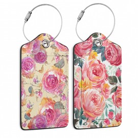 2 Pack Luggage Tag for Suitcase,Retro Flower Rose Leather Suitcase Tags Identifiers with Privacy Name Address Labels and Durable Steel Loop for Women Men Travel