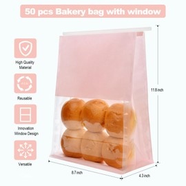 Funcoo 50 Pcs Paper Bread Loaf Bag Food Packaging Storage Bakery Bag with Front Window, Tin Tie Tab Lock Paper Bags (11'' X 8.7'' X 4.3'') (Pink)