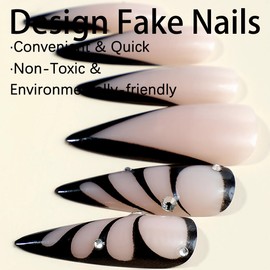 BABALAL Long Press on Nails Stiletto Fake Nails Black French Tip Glue on Nails Butterfly Rhinestone Acrylic Nails 24Pcs Almond False Nails Y2k Artificial Nails for Women and Girls