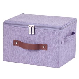 VinneGenzz Storage Bins with Zipper Lid Cotton Linen Fabric Lidded Storage Baskets Boxes Foldable Washable Closet Shelf Clothes Organizer Container with PU Leather Handles (Purple, Small)