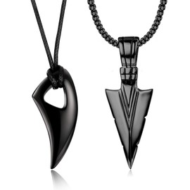 Jstyle 2Pcs Stainless Steel Pendant Necklace for Mens Spearpoint Arrowhead Wolf Teeth Pendant Chain Necklace Set Black-tone