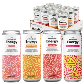 WellWithAll Energy Drink Variety Pack – Strawberry Lemonade, Fruit Punch, Tropical Mango, and Peach Flavors – Caffeine from Tea – With Vitamin C – Lightly Sparkling Beverage – Fruit & Veggie Juice Blend – 12 Oz (Pack of 12 – 3 Cans of Each Flavor)