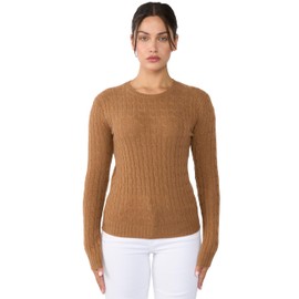 JENNIE LIU Women's 100% Cashmere Cable-Knit Long Sleeve Pullover Crew Neck Sweater (Saddle Heather, Medium)