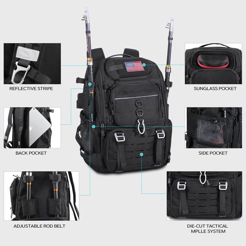 Bagenerous 39L Fishing Tackle Backpack with Rod Holders & Cooler,Water-resistant