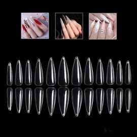 Mwoot 600 Pieces French False Nail Tips, Long Stiletto Sharp Ends Artificial Fake Fingernails Nail Tips for DIY Nail Salons, 12 Sizes