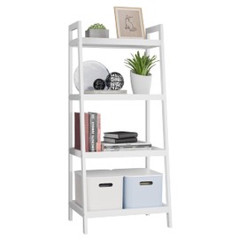 SMIBUY Bamboo Ladder Bookcase, Bathroom Storage Rack Organizer, 4 Tier and 5 Tier Freestanding Plant Display Stand Space Saver Shelves for Bedroom, Kitchen, Balcony (White, 4 Tiers (39" H))