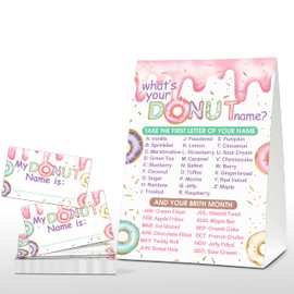 Foosproea What's Your Donut Name Game - Sweet Donut Birthday Party Games - Family Activity - 1 Standing Sign and 30 Stickers - Doughnut Party Supplies Decorations(06)