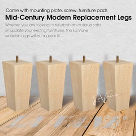 4 inch Wooden Furniture Legs, La Vane Set of 4 Solid Wood Square Unfinished Mid-Century Modern M8 Replacement Bun Feet with Pre-Drilled 5/16 Inch Bolt & Mounting Plate for Couch Sofa Armchair Recliner