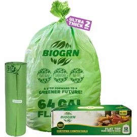 60-64 Gallon Compostable Trash Bags 12 Bags with Flat-Top Large Compost Bags Thick 1.57 Mil, 242.72 Liter Lawn and Yard Waste Bag for Outdoor Garden ASTM D6400, US BPI and OK Compost Home Certified