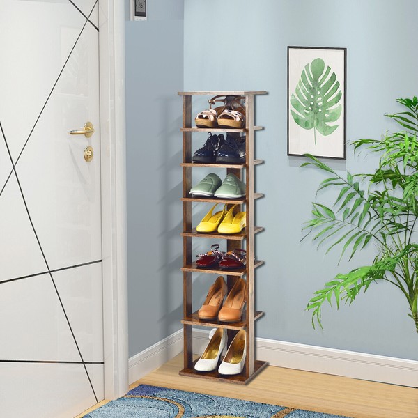 Costway Shoe Rack  7-Tier Free Standing Shelf Storage Tower Rustic Brown