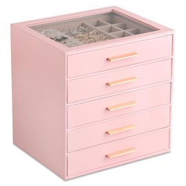 Frebeauty Clear Lid Jewelry Box,5-Layer Jewelry Organizer with Drawer,PU Leather Jewelry Organizers and Storage,Jewelry Boxes for Women,Jewelry Storage for Rings Earring Stud,Gift for Women(Pink)