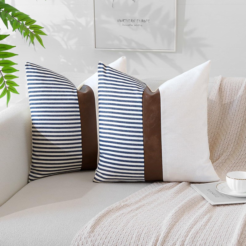 Artscope Farmhouse Decor Stripe Patchwork Linen Cushion Covers Cases Set