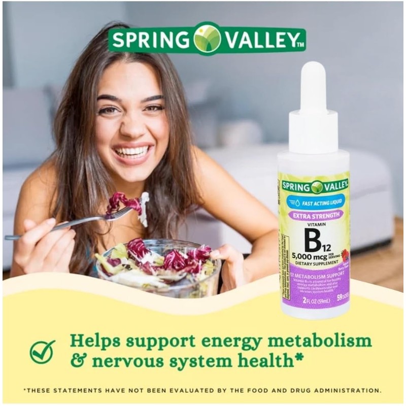 Spring Valley Liquid Vitamin B12, 5000mcg, Metabolism Supplement, Berry, 2