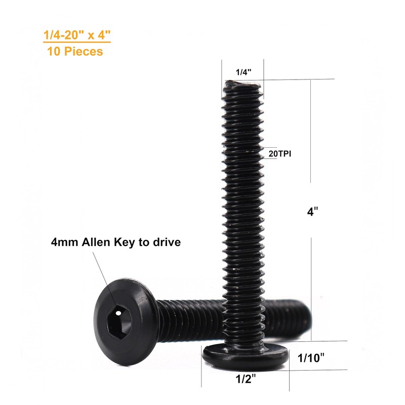 binifiMux 10pcs 1/4"-20 x 4 Black Rivet Countersunk Socket Cap
