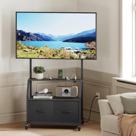 MAHANCRIS Rolling TV Stand with Mount and Wheels for 32"-55" TV, Corner Entertainment Center with Power Outlet and 2 Fabric Drawers, Small TV Stand for Bedroom, Living Room, Black TVBK139E01