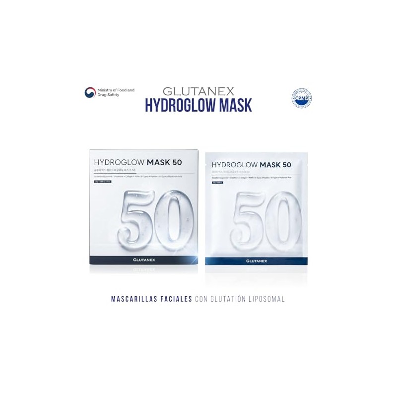 GLUTANEX™ HYDRO GLOW MASK 50 Mascarillas de Hidrogel, Reparadoras, Aclarantes,