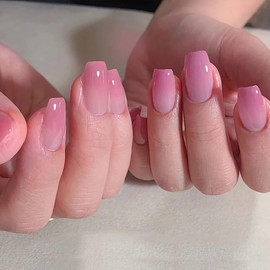 24 Pcs False Nails, Jelly Purple Gradient French Short Fake Nails, Full Cover French Nail, Square Light Purple Artificial Fake Art Nail Tips, Short Nail Art Decorations Accessories